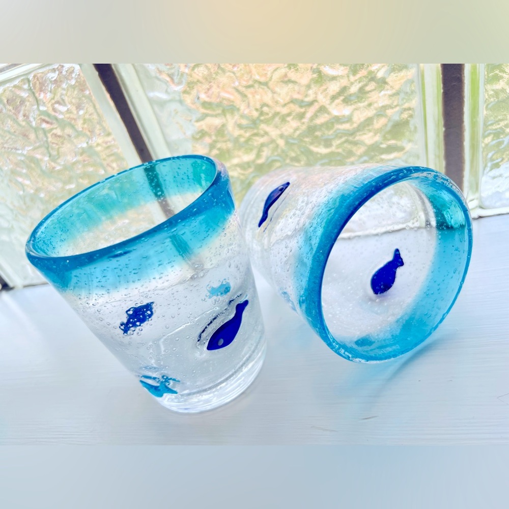 Blown Glass Lampwork 2 pcs ocean bubbles fish Blue/Teal
